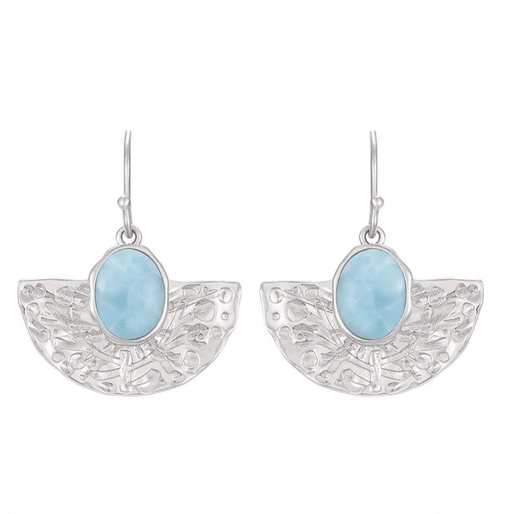 Prestigious Fan-Shaped Larimar Earrings in Sterling Silver Contemporary