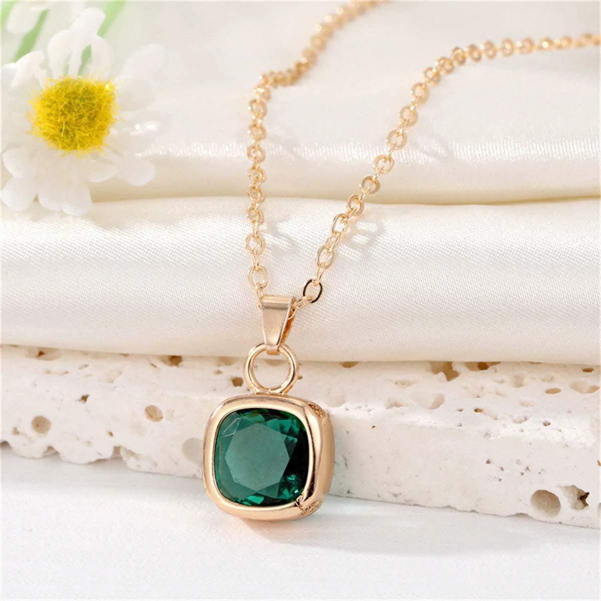 Durable Green Crystal Goldtone Bezel Cushion-Cut Pendant Necklace High-Performance