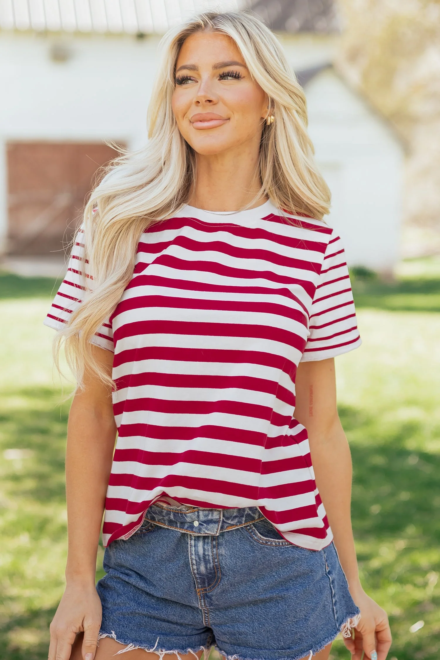 Innovative Threaded Pear June Stripe Patchwork T Shirt Natural