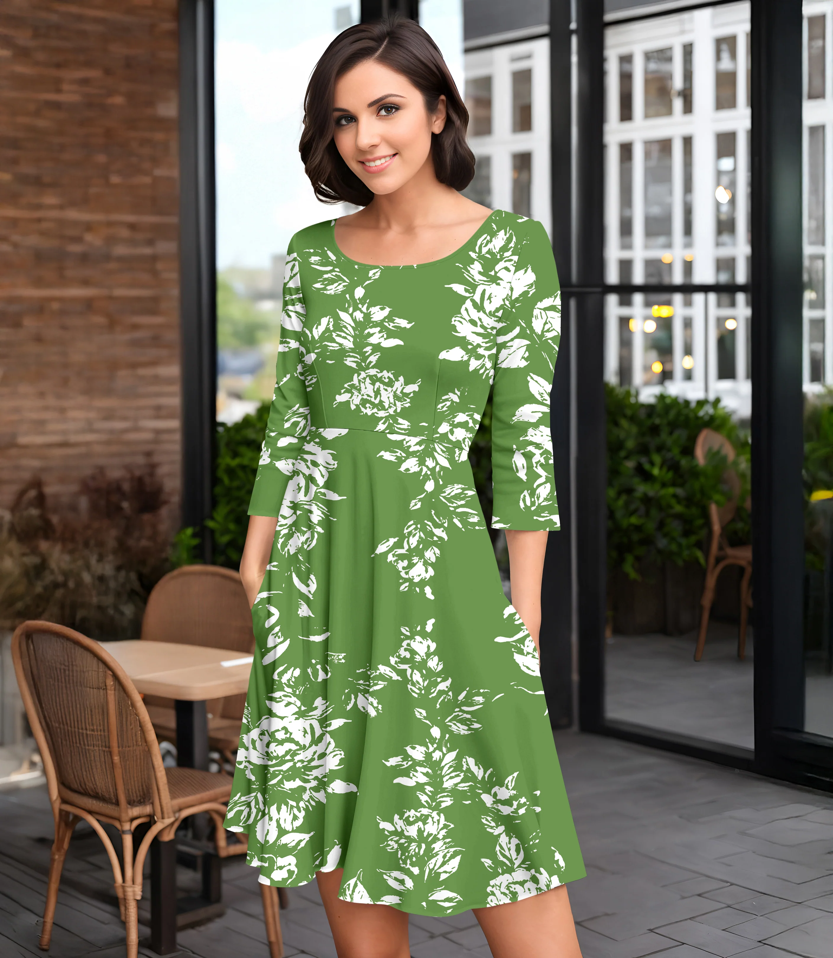 Practical Three-Quarter Sleeve Dress with Pockets by Bon Apple Tea Top-Quality