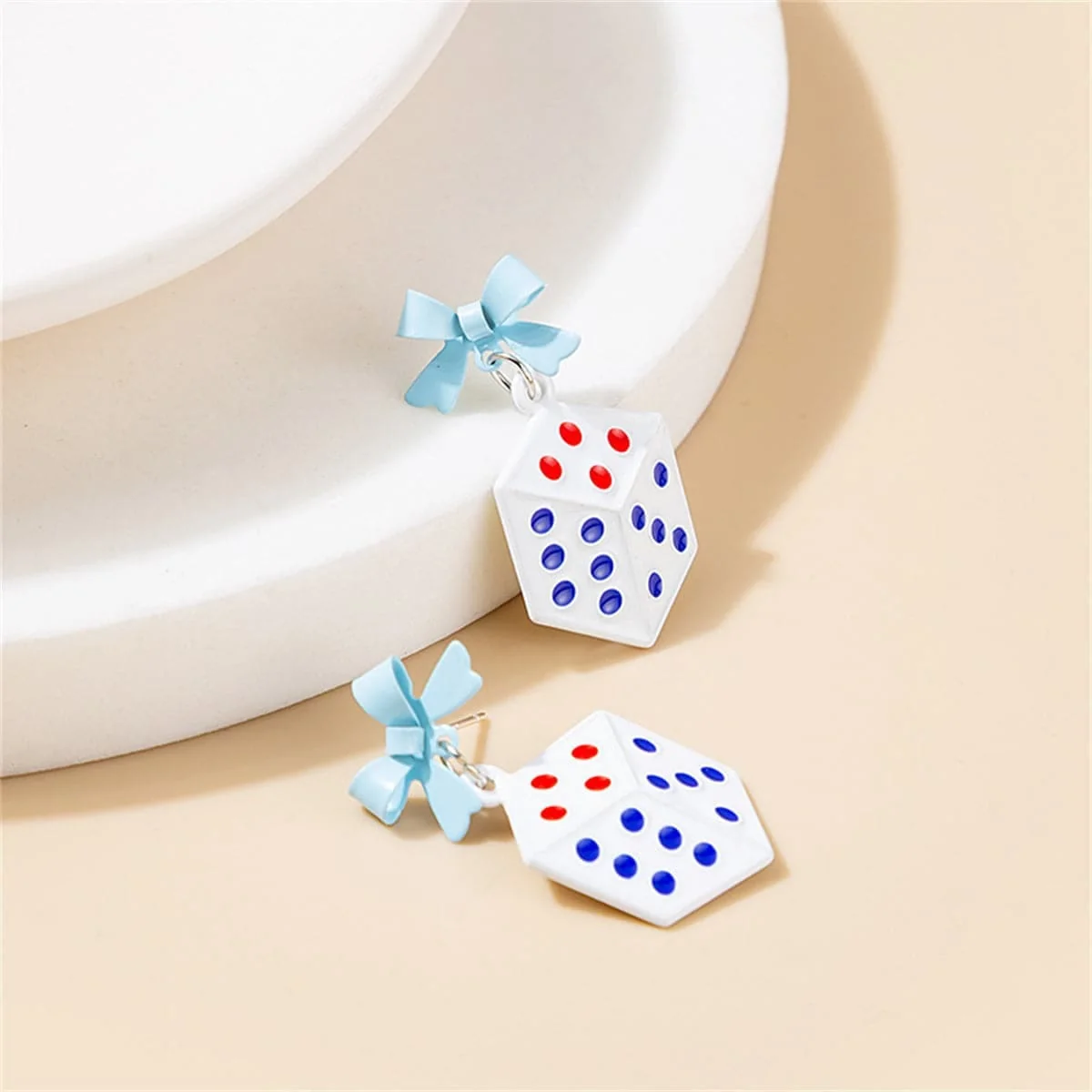Dependable White Enamel Silvertone Bow Dice Drop Earrings Outstanding