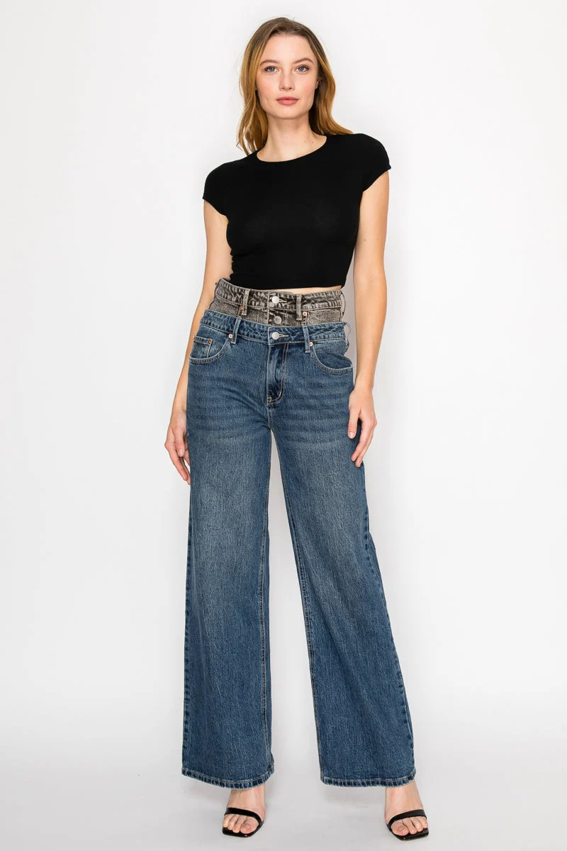 Exclusive Double Snap On Waistband Layered Ultra High Rise Wide Jeans Carefully Designed