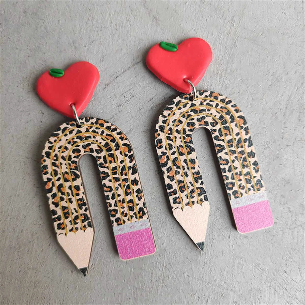Verified Brown Wood Acrylic Silvertone Heart Leopard Pencil Drop Earrings Responsible