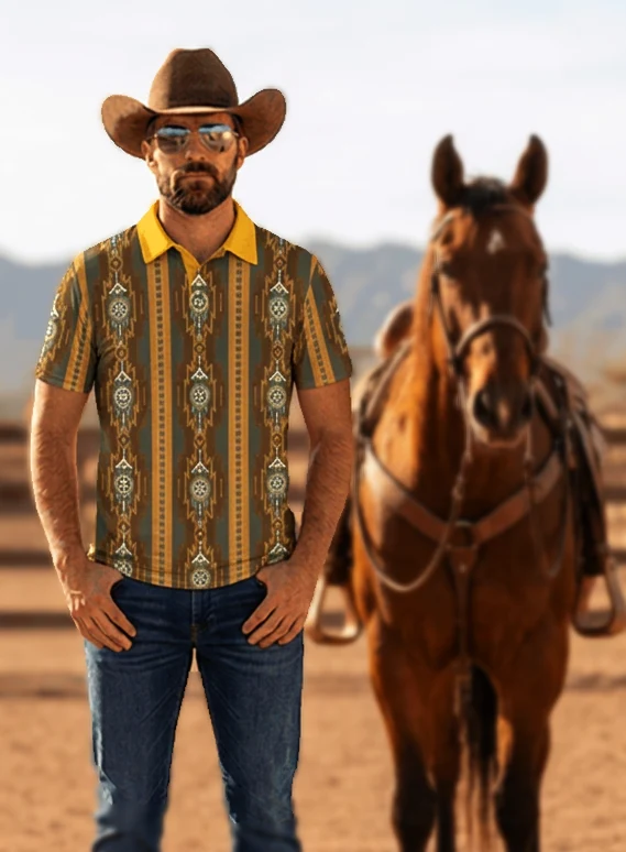 Relaxed Baha Ranch Brown Gold Aztec Polo Shirt Breathable