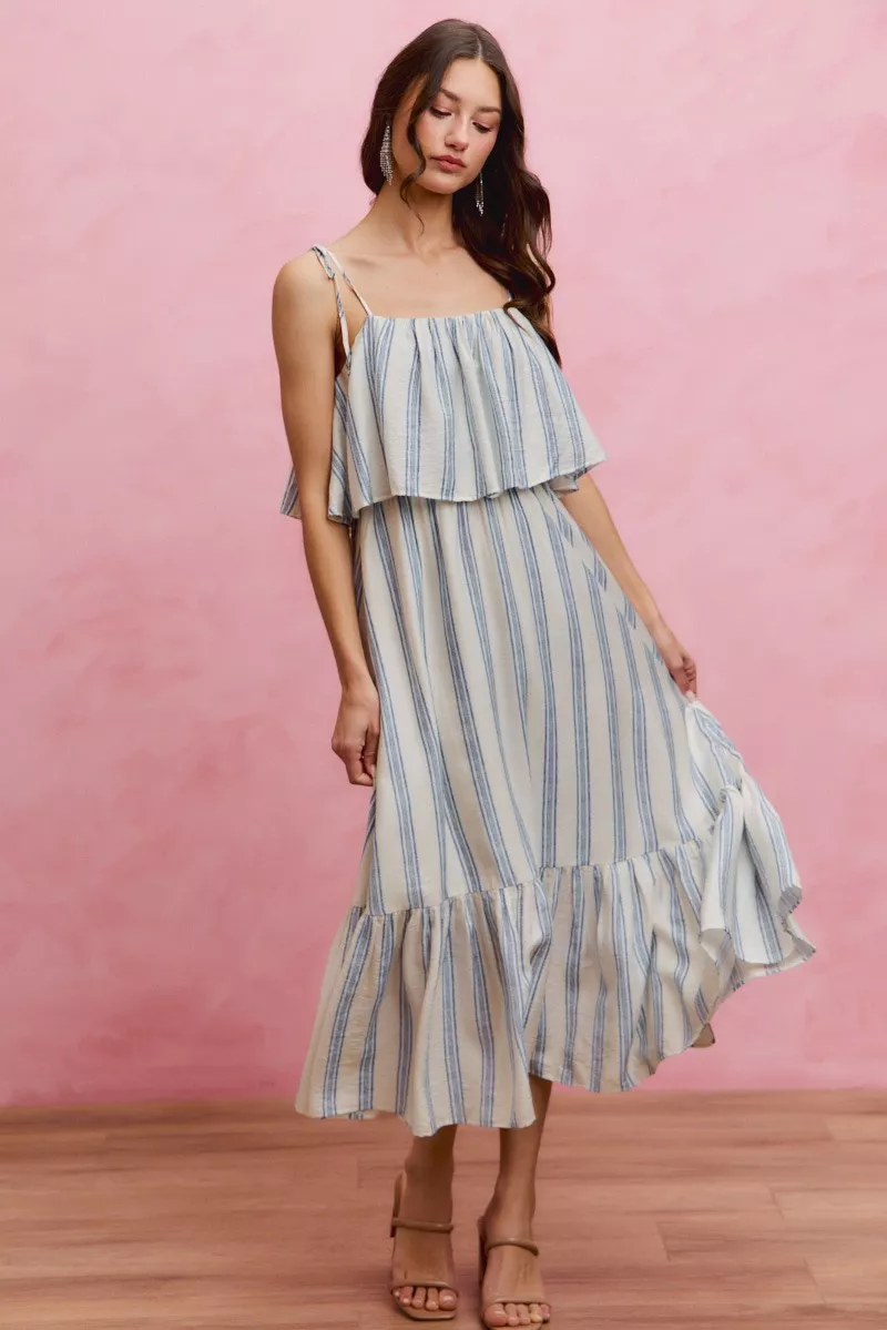 Quality SO ME Stripe Tiered Shoulder Tie Midi Lined Dress Elite