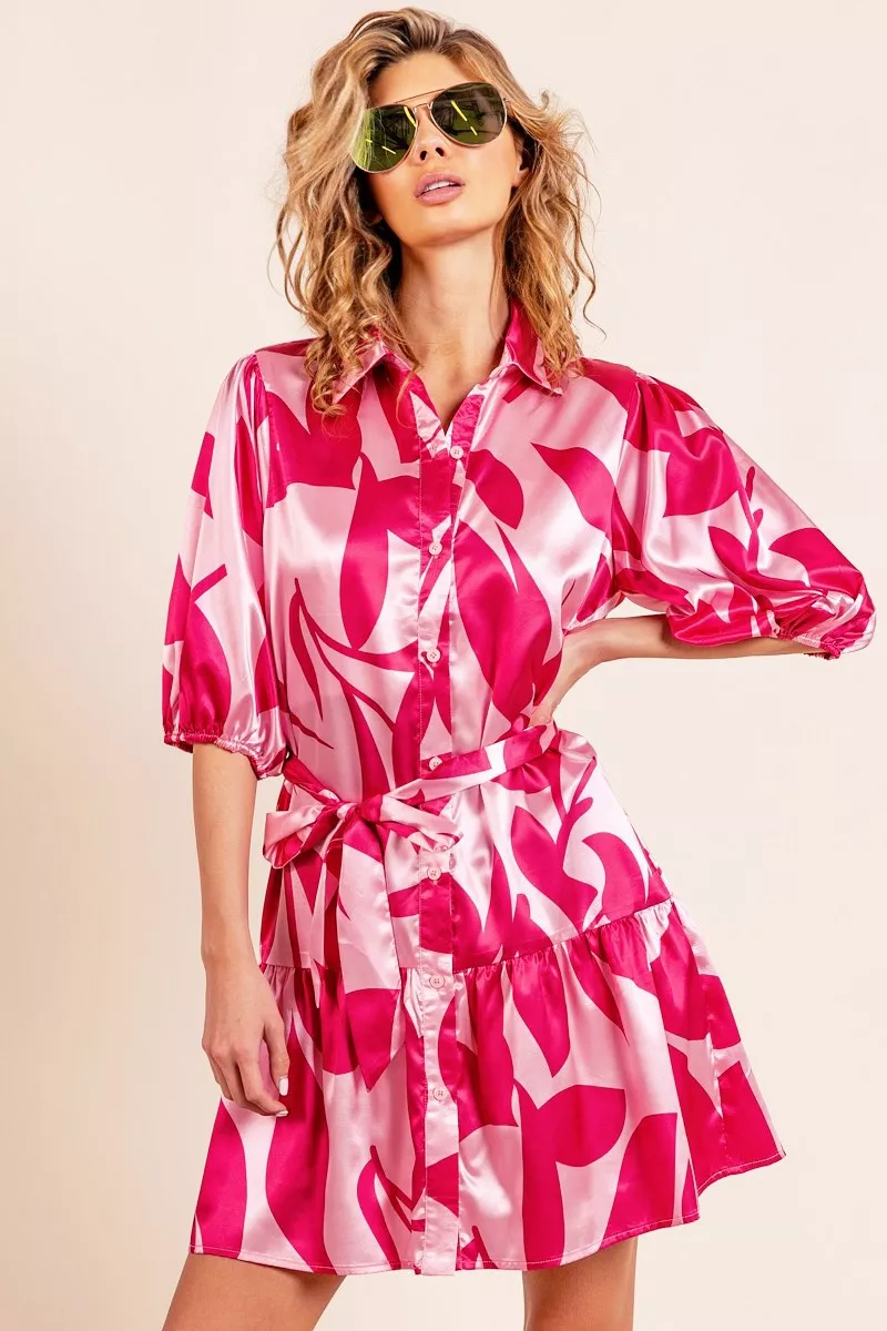 Carefully Designed BiBi Leaf Pattern Collared Satin Dress Original