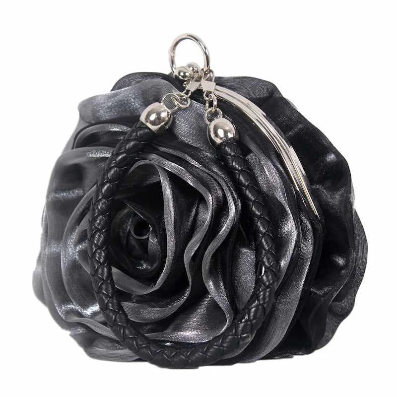 Sophisticated Grey Satine Rose Flower Clutch Handbag with Removeable Strap Soft