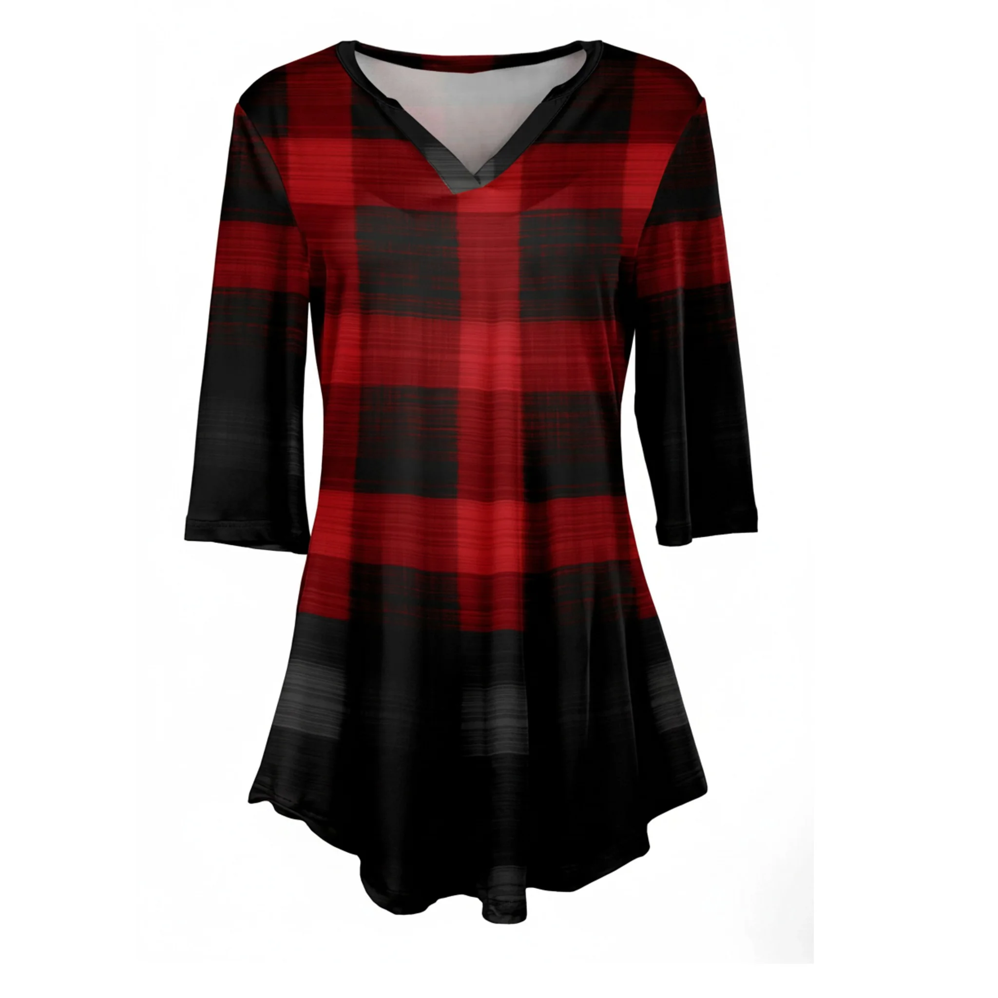 Classic Lily by Firmiana Women's 3 4 Sleeve Notch Neck Tunic Red and Black Plaid Eco-Friendly