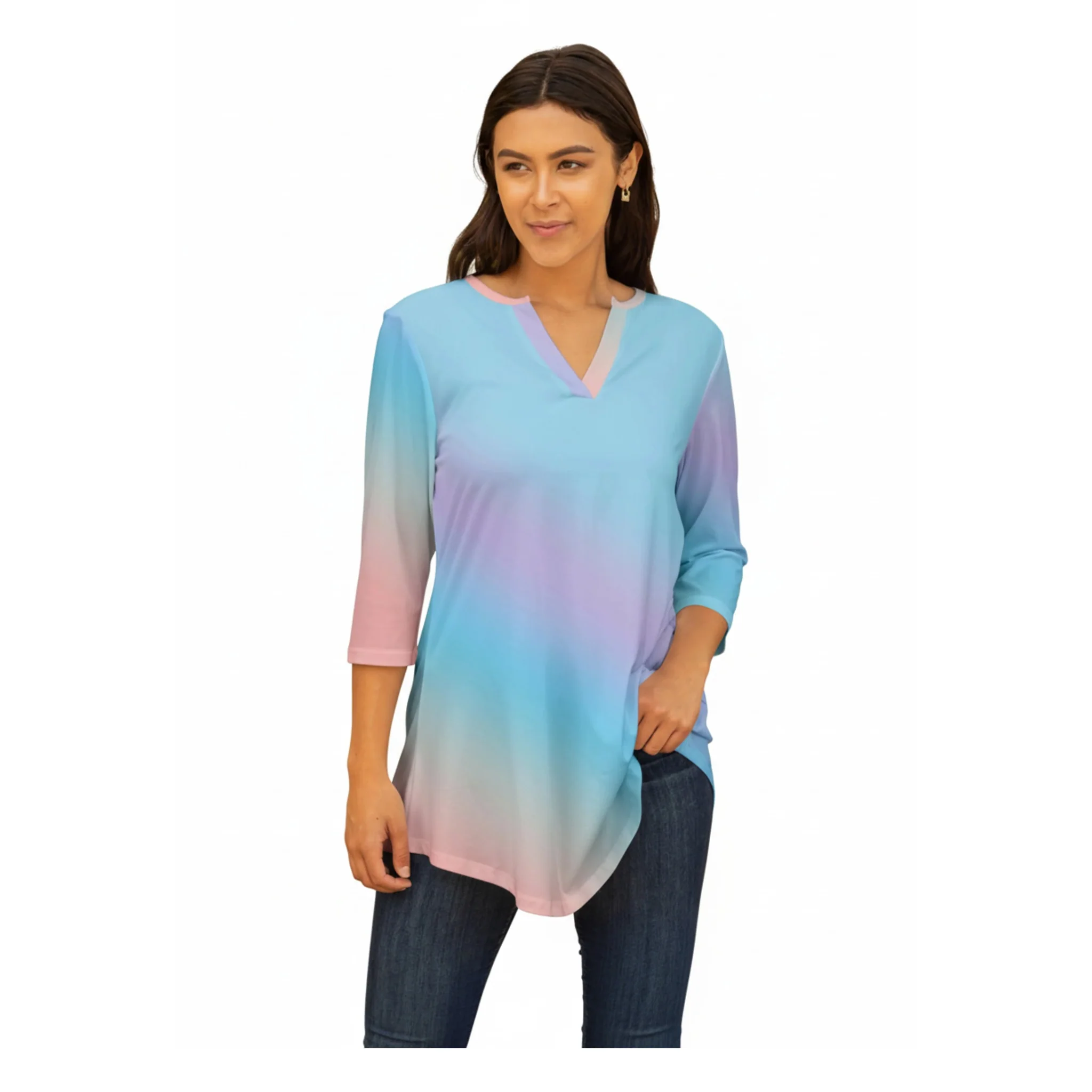 High-Quality Lily by Firmiana Women's 3 4 Sleeve Notch Neck Tunic Blue Pink Ombre Top Sustainable