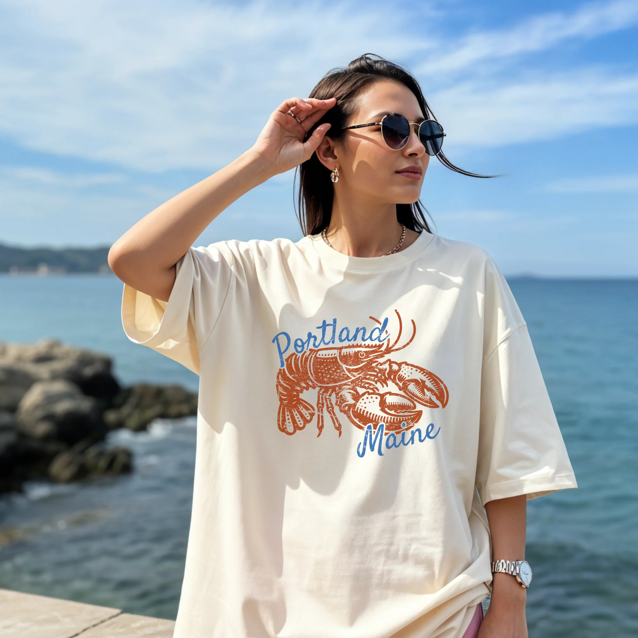 Breathable Portland Maine Lobster Graphic Tee Coastal Vintage T-Shirt Effective