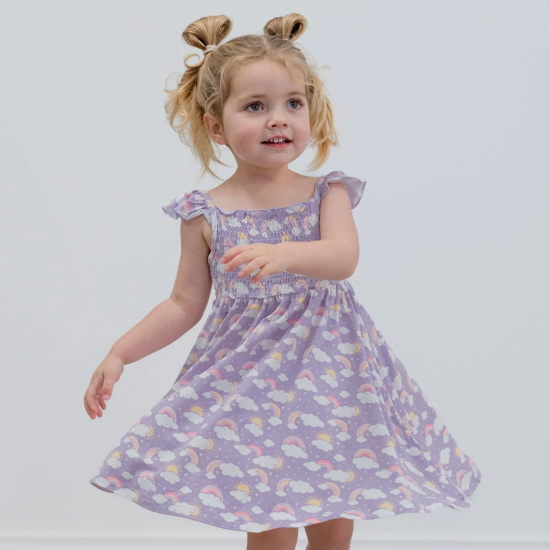 Responsible Lavender Rainbows and Clouds Smocked Vintage Dress Original Design