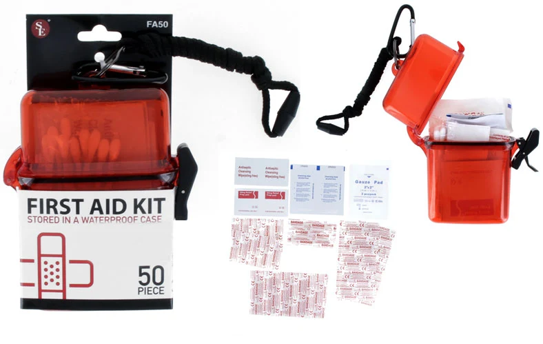 Authentic 50-Piece First Aid Kit Stored in Waterproof Case with 5mm Carabineer Lanyard Casual