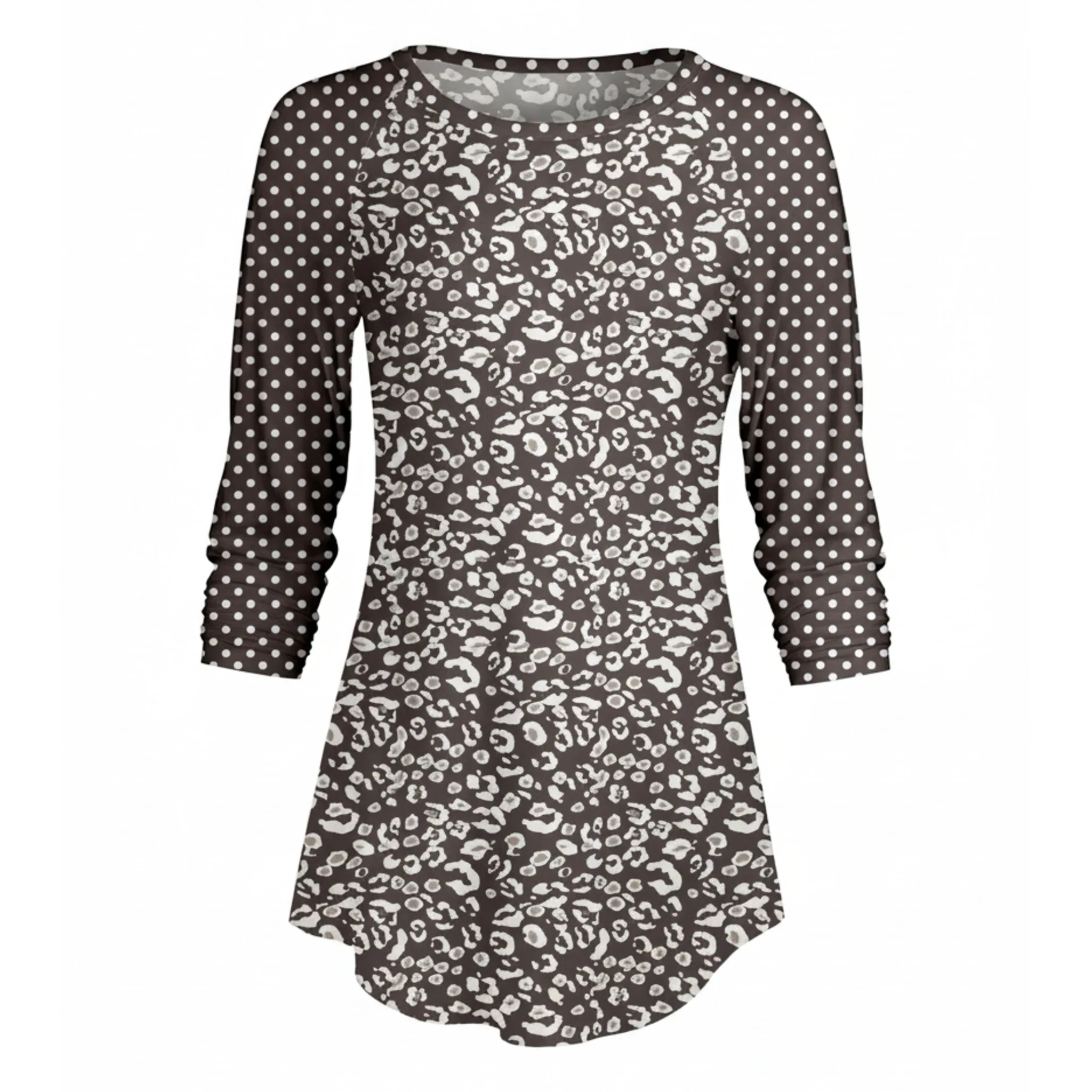 Dependable Lily by Firmiana Women s ¾ Sleeve Scoop Neck Tunic Top Grey and White Leopard High-Quality