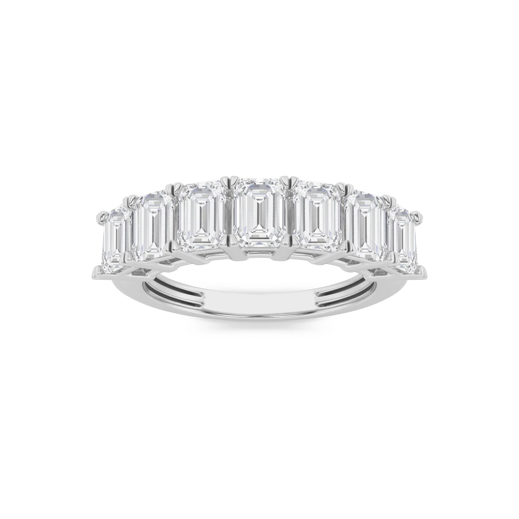 Solid 2Cttw Emerald Shaped Lab Grown Diamond F Seven Stone Band Ring in 14K Gold Lightweight