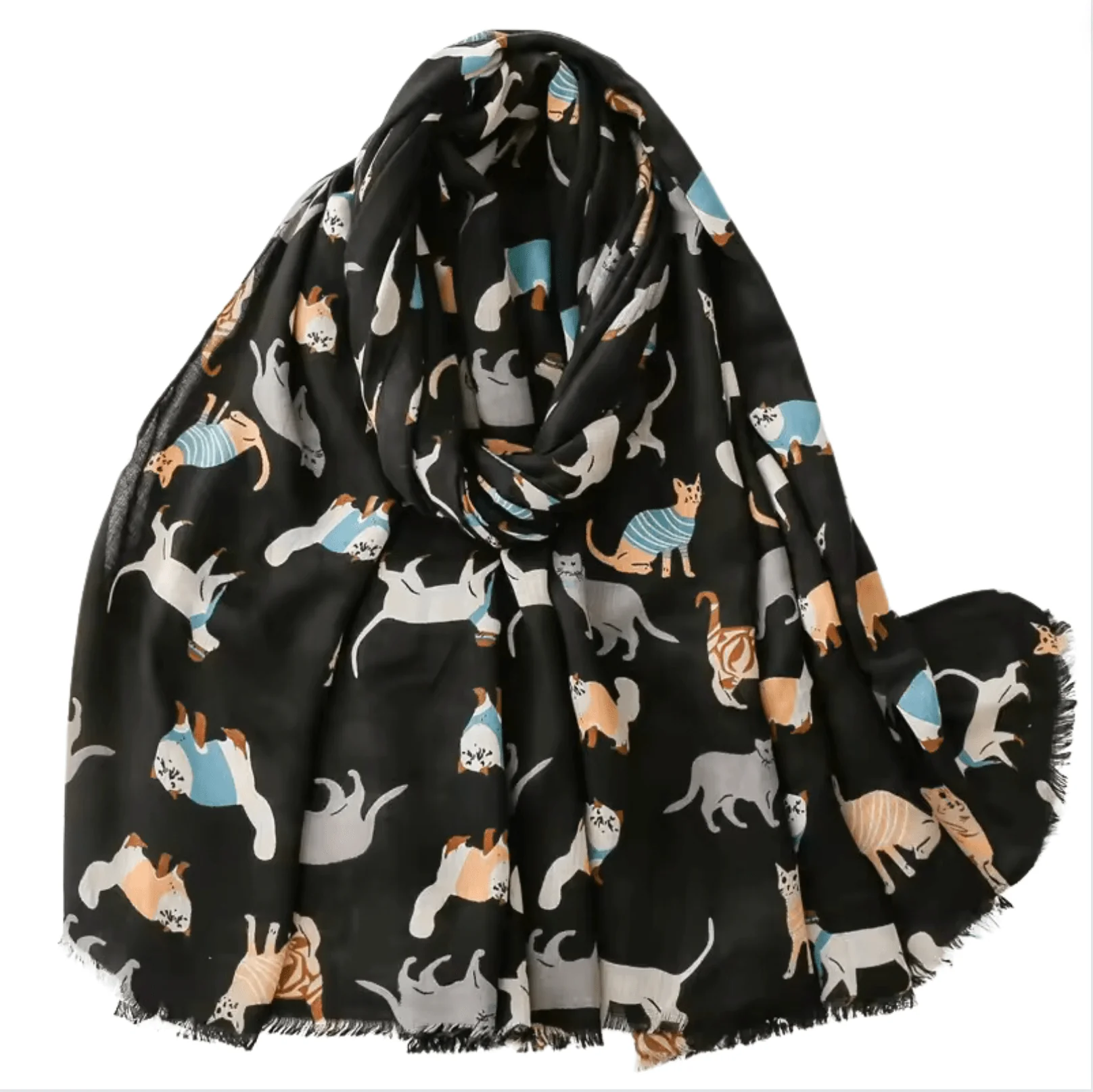 Reusable Black Summer Scarf with Happy Cats Casual