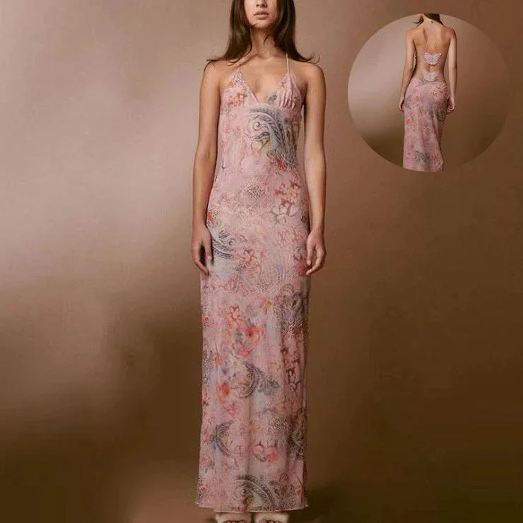 Green Floral Print Halter Dress - Sexy Butterfly Back Spaghetti Straps Environmentally Friendly