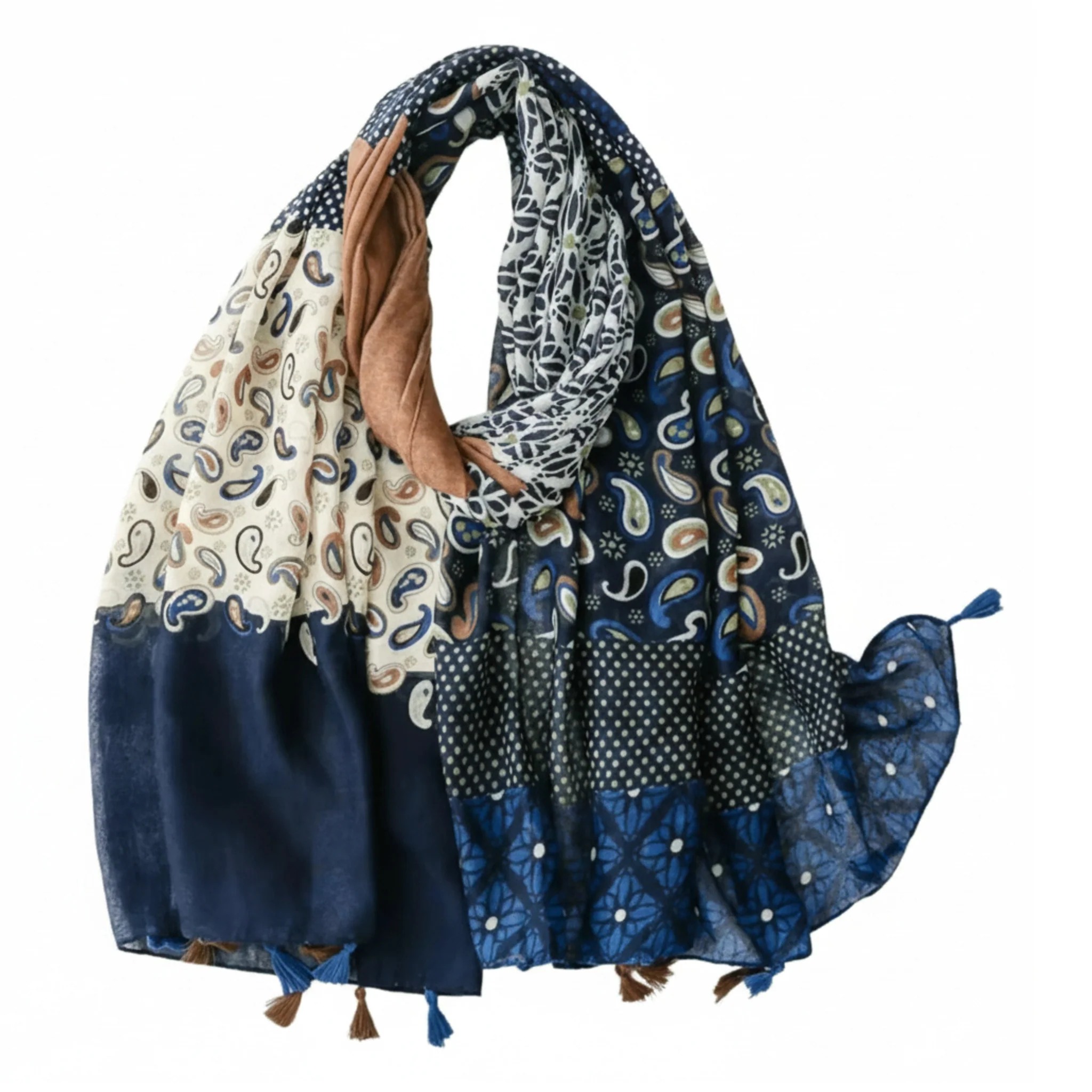 Refined Vibrant Patchwork Inspired Navy and Earth Tone Scarf with Tassels Advanced