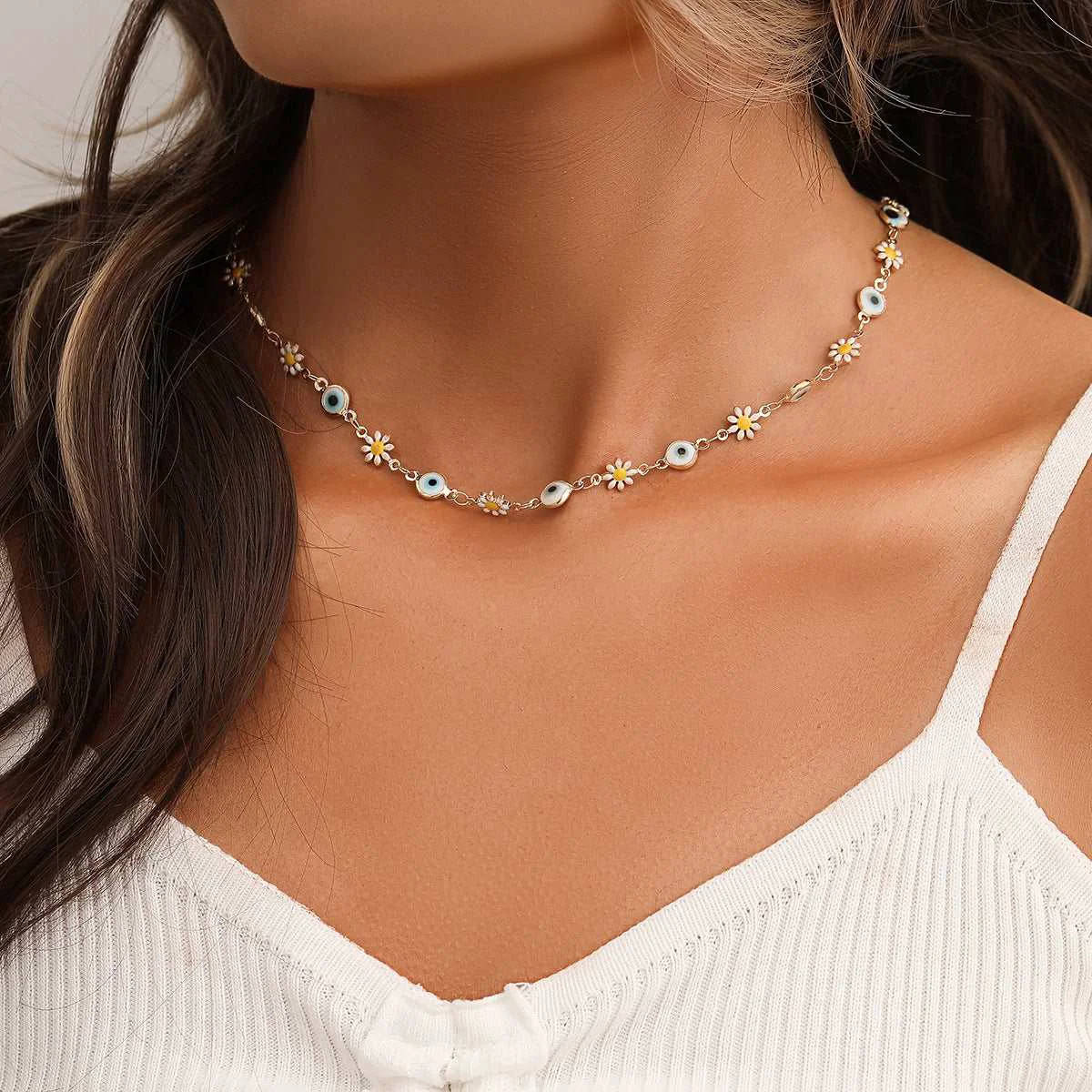 Classic Dusty Blue Enamel Goldtone Eye Mum Station Choker Necklace Fine