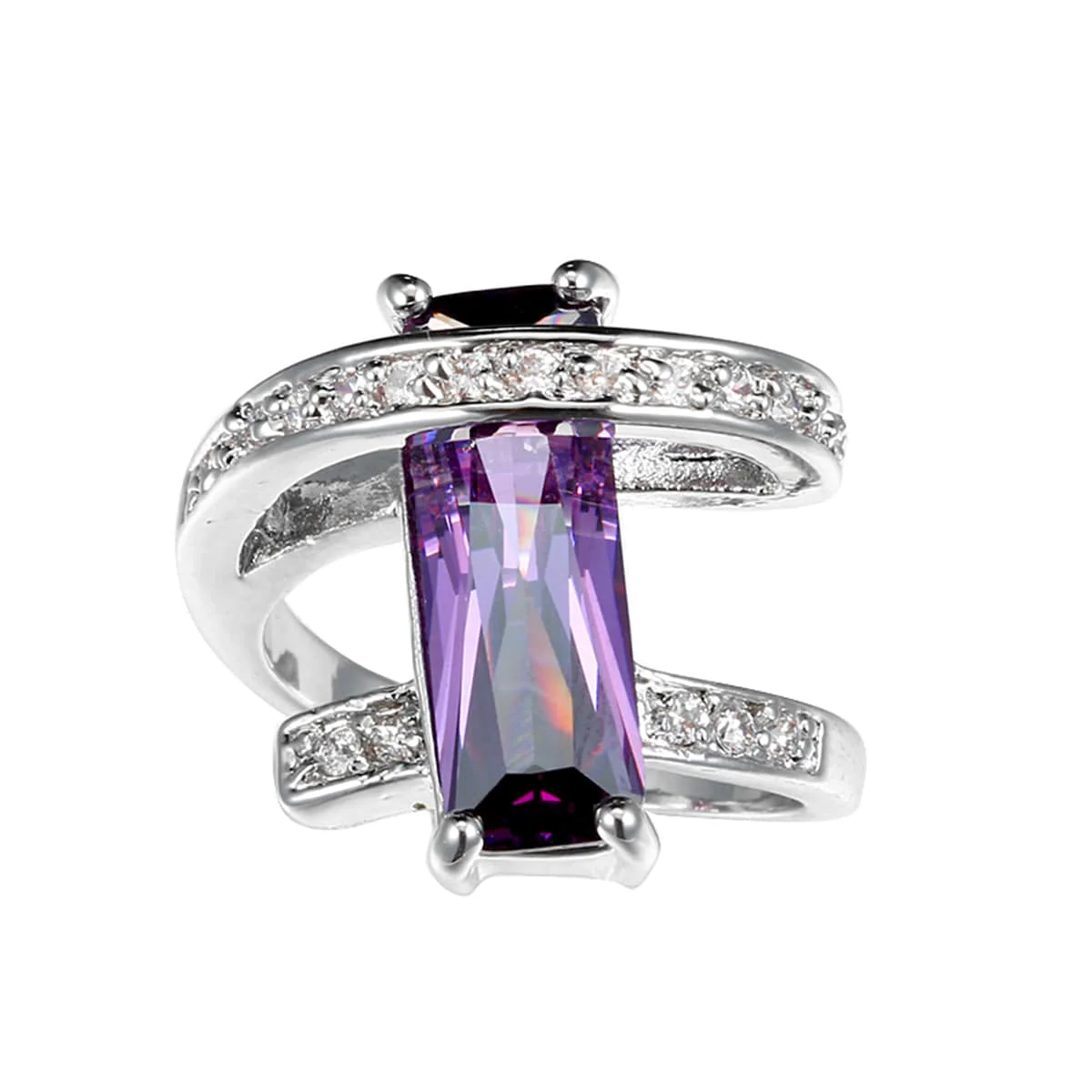 Superior Purple Crystal Cubic Zirconia Pavé Wrap Baguette-Cut Ring Modern