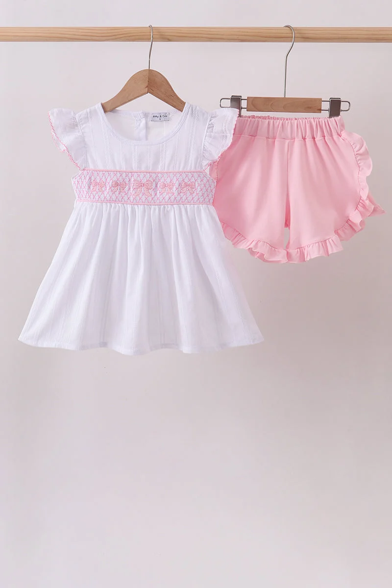 Crafted White Bow Smocked Jacquard Ruffle Shorts Set Practical