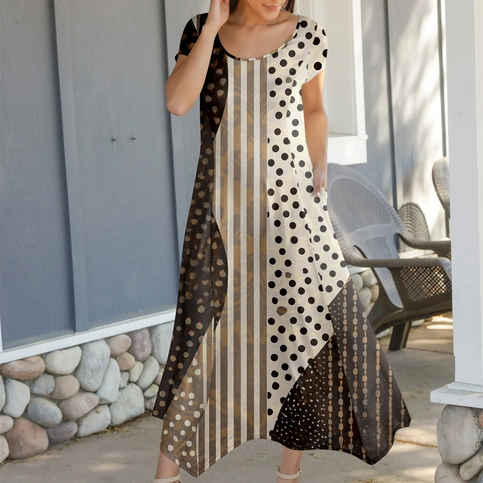 Traditional Lily by Firmiana Women's Cap Sleeve Fishtail Maxi Dress Cream Brown Geo Panel Advanced