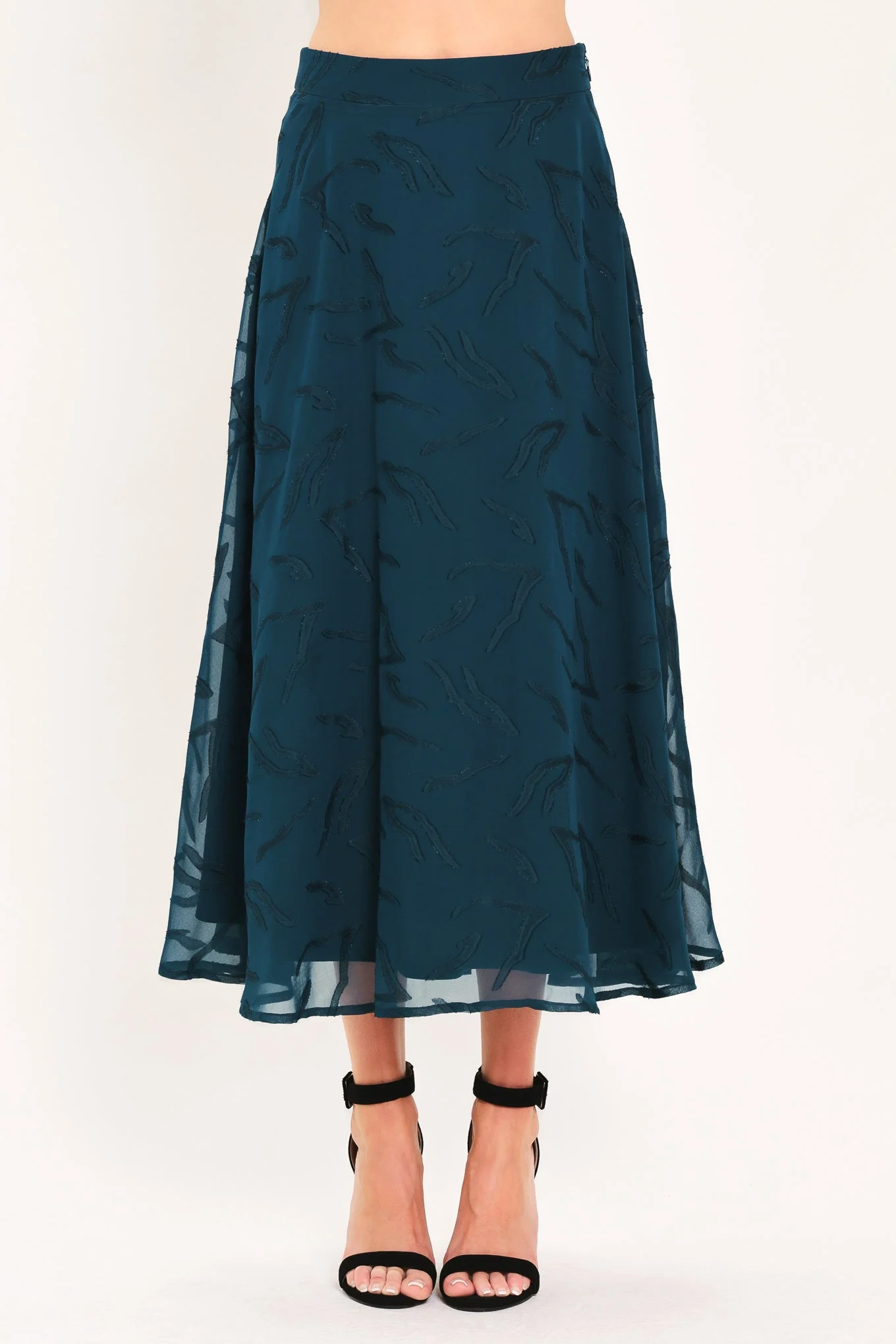 Organic Teal Shadow Sway Woven Jacquard Circle Midi Skirt Genuine