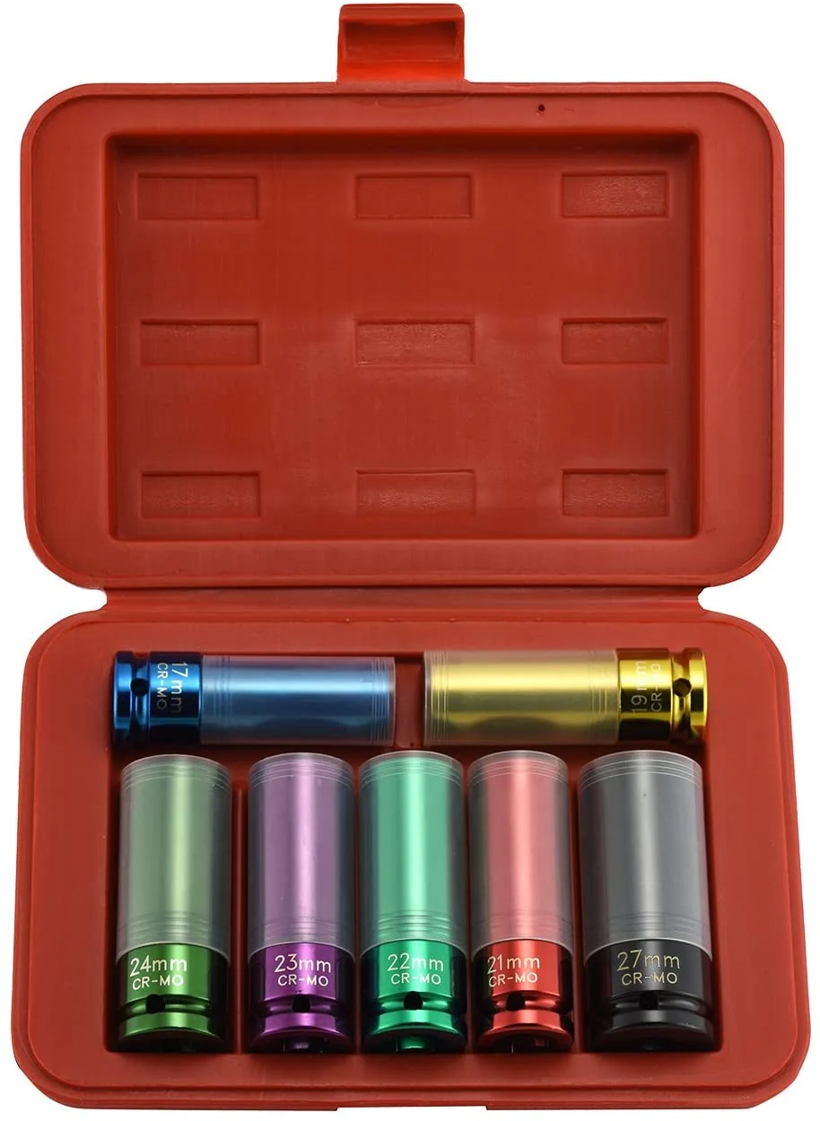 Traditional 1 2 Drive Impact Wheel Rim Socket Set with Protective Sleeves 7 Piece Set Metric 17mm - 27mm Superior