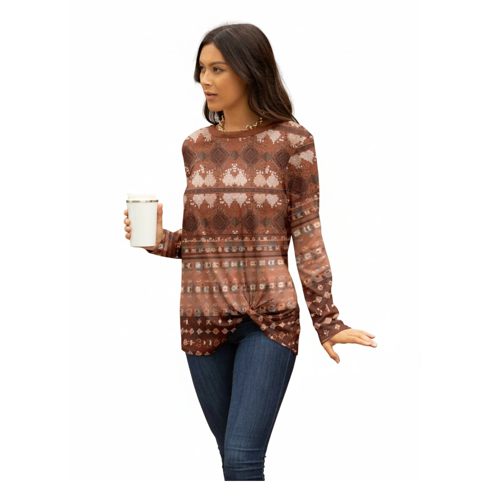 Minimalist Lily by Firmiana Women's Long Sleeve Tunic with Twist Hem Brown and Cream Geometric Trusted