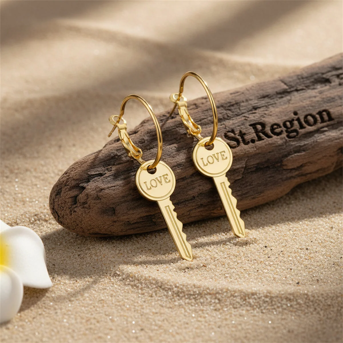 Convenient Goldtone 'Love' Key Drop Earrings Top-Quality