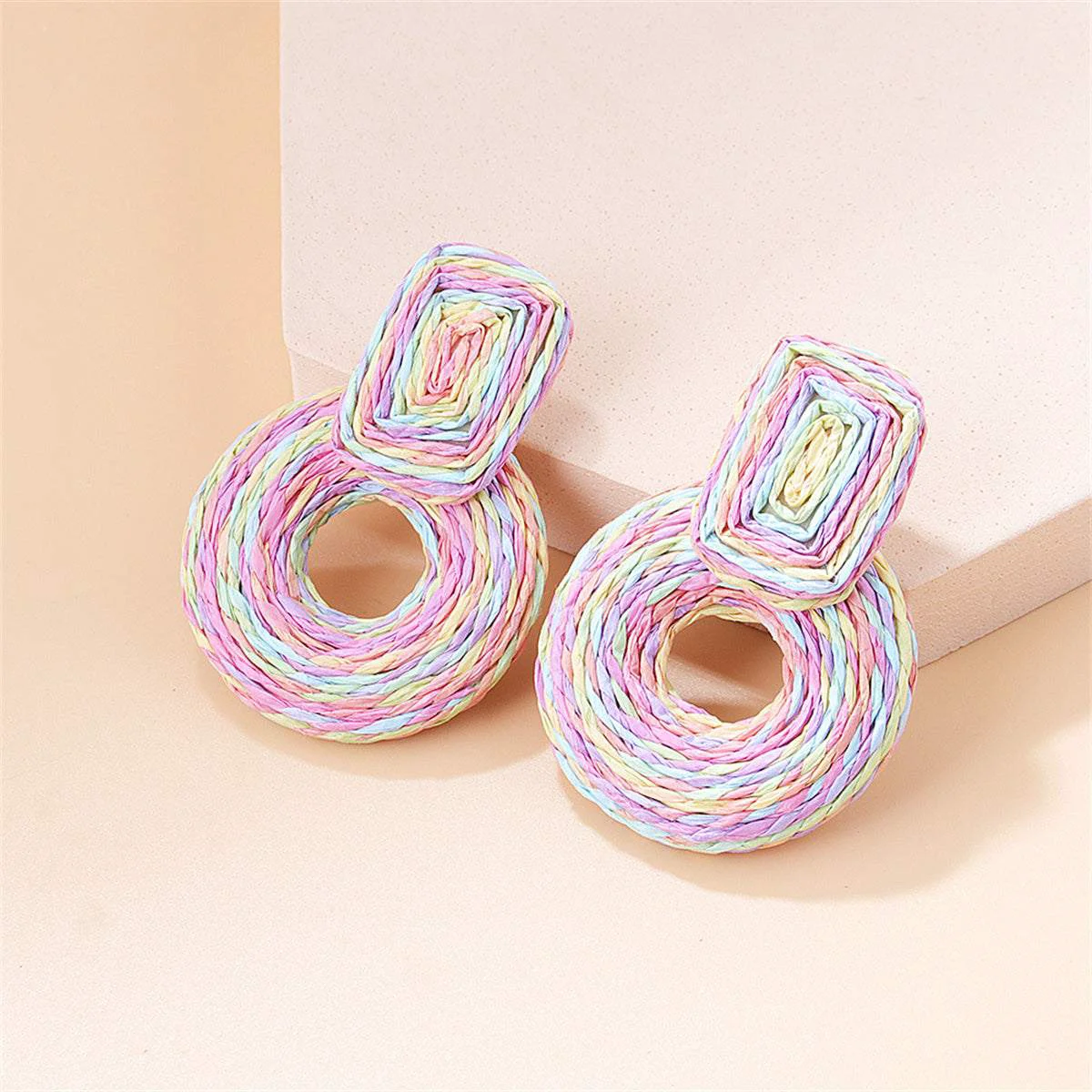 Soft Pink Blue Raffia Geo Drop Earrings First-Class