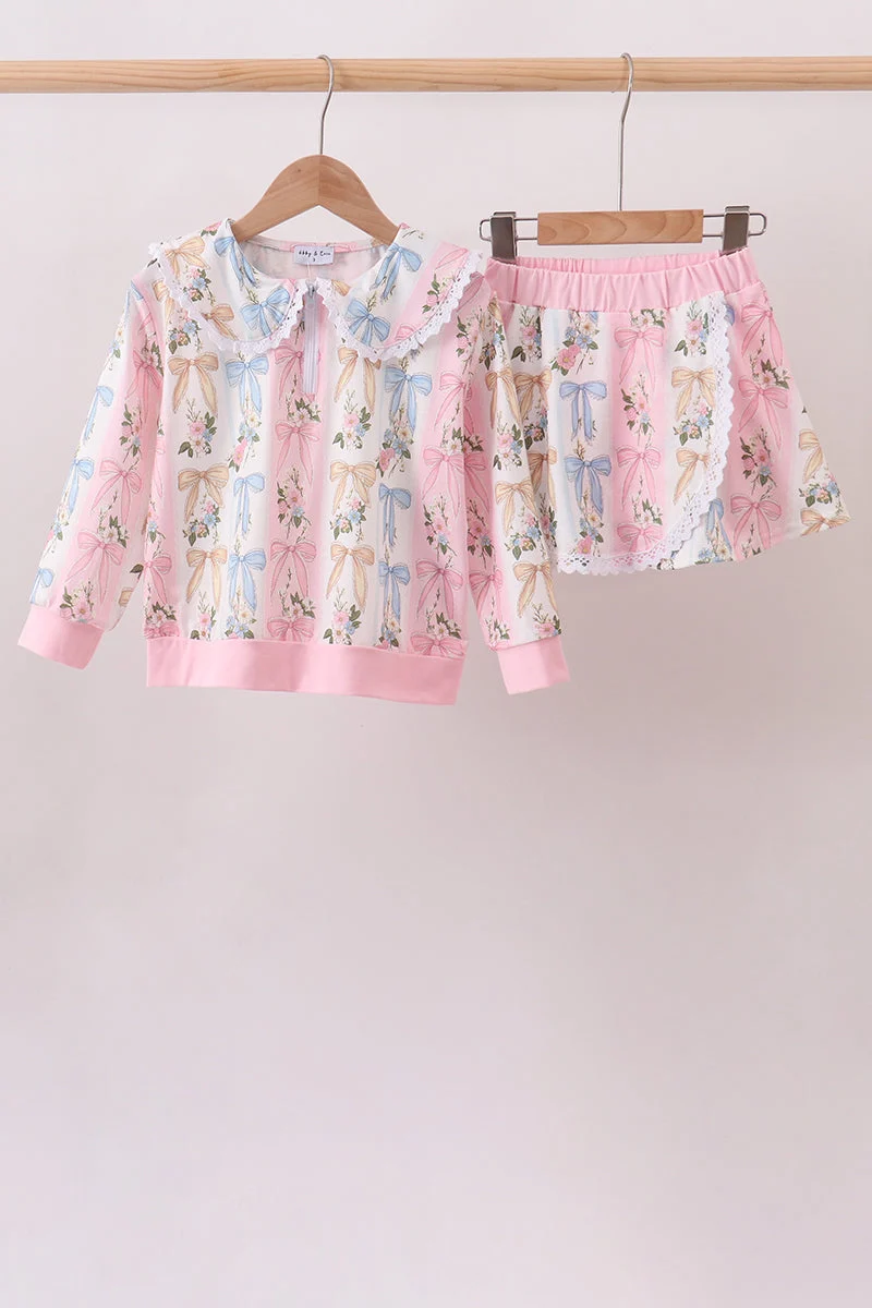 Classic Pink Bow Floral Lace Skorts Set Dependable