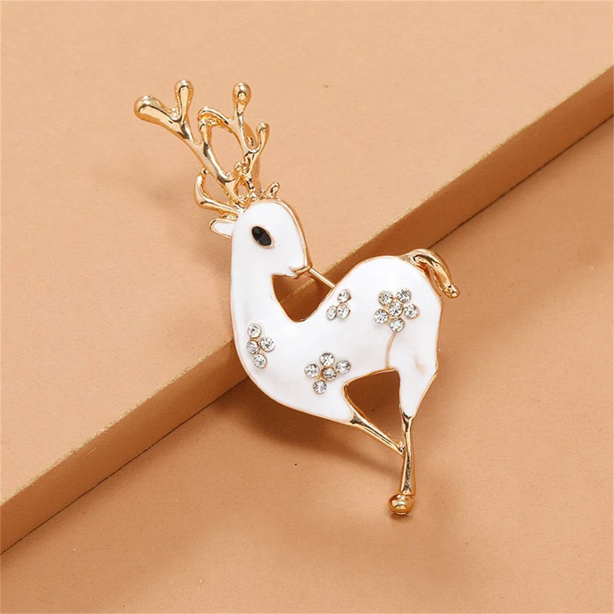 Artisan Cubic Zirconia White Enamel Goldtone Reindeer Brooch Authentic