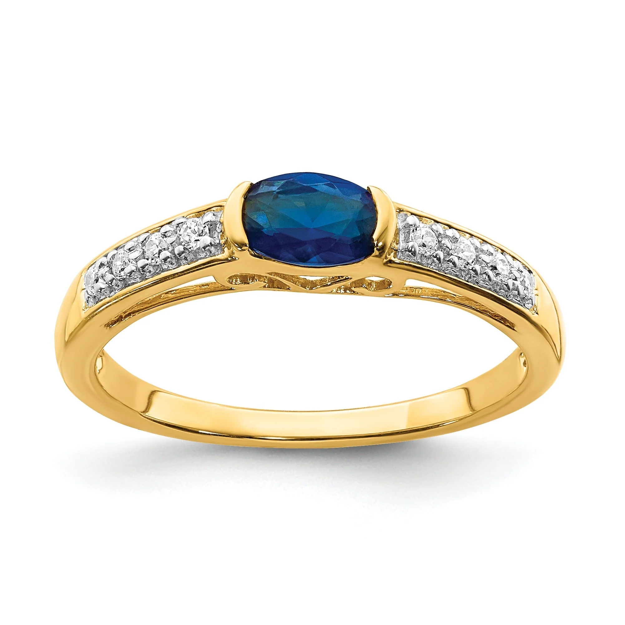 Certified 0.64 Ct Oval Blue Sapphire Diamond Half-Bezel 14K Yellow Gold East-West Ring Professional