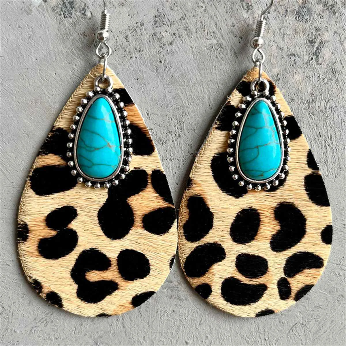 Crafted Yellow Polystyrene Turquoise Leopard Drop Earrings Refined