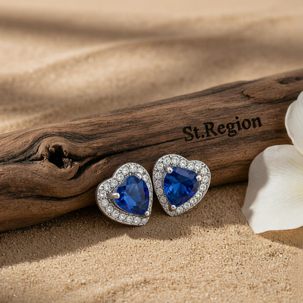 Sophisticated Navy Crystal Cubic Zirconia Silvertone Halo Heart Stud Earrings High-End
