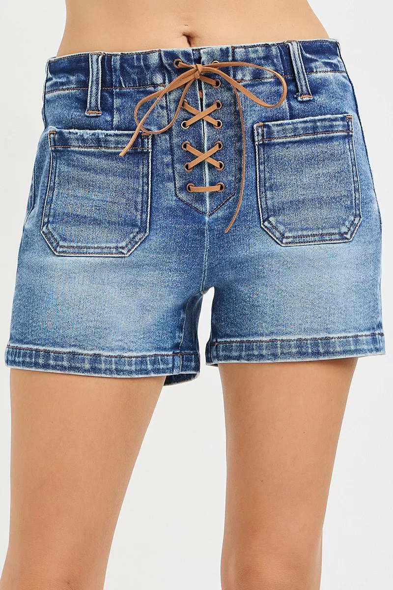 Stylish RISEN High Rise Front Tie Up Shorts with Patch Pockets Specialty