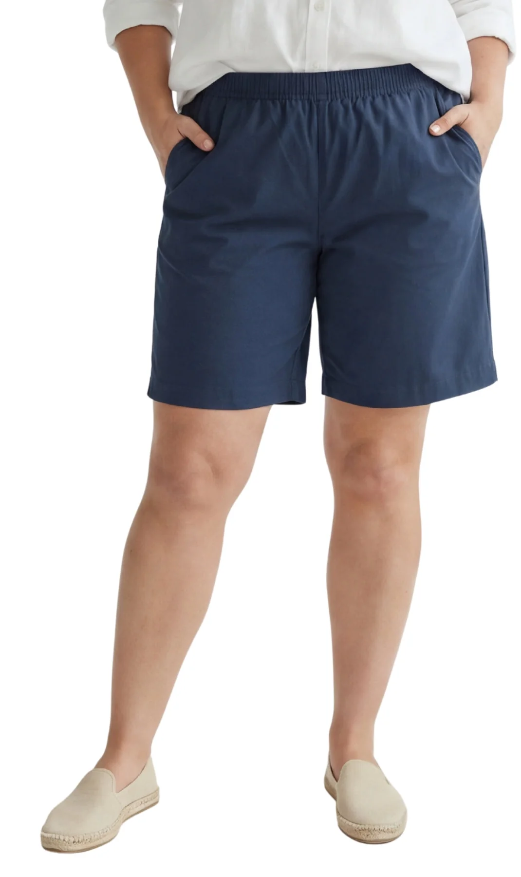 Expertly Made Women's Pull On Denim Twill Shorts with stretch waist - No zipper or buttons Clean