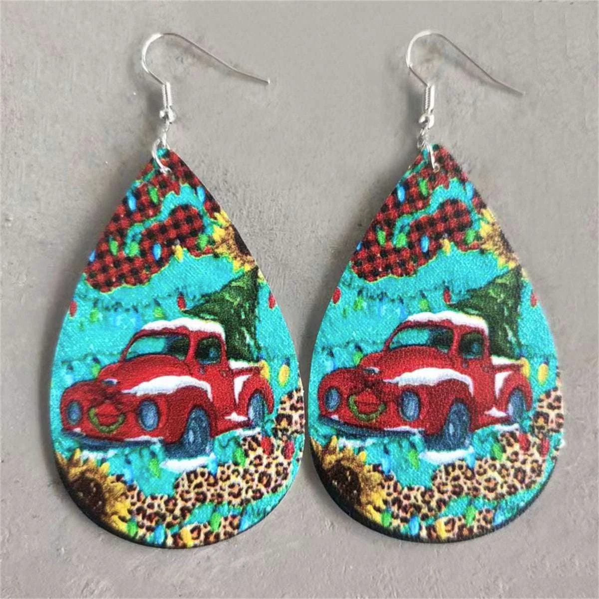 Clean Blue Red Truck Christmas Tree Teardrop Earrings Trendy
