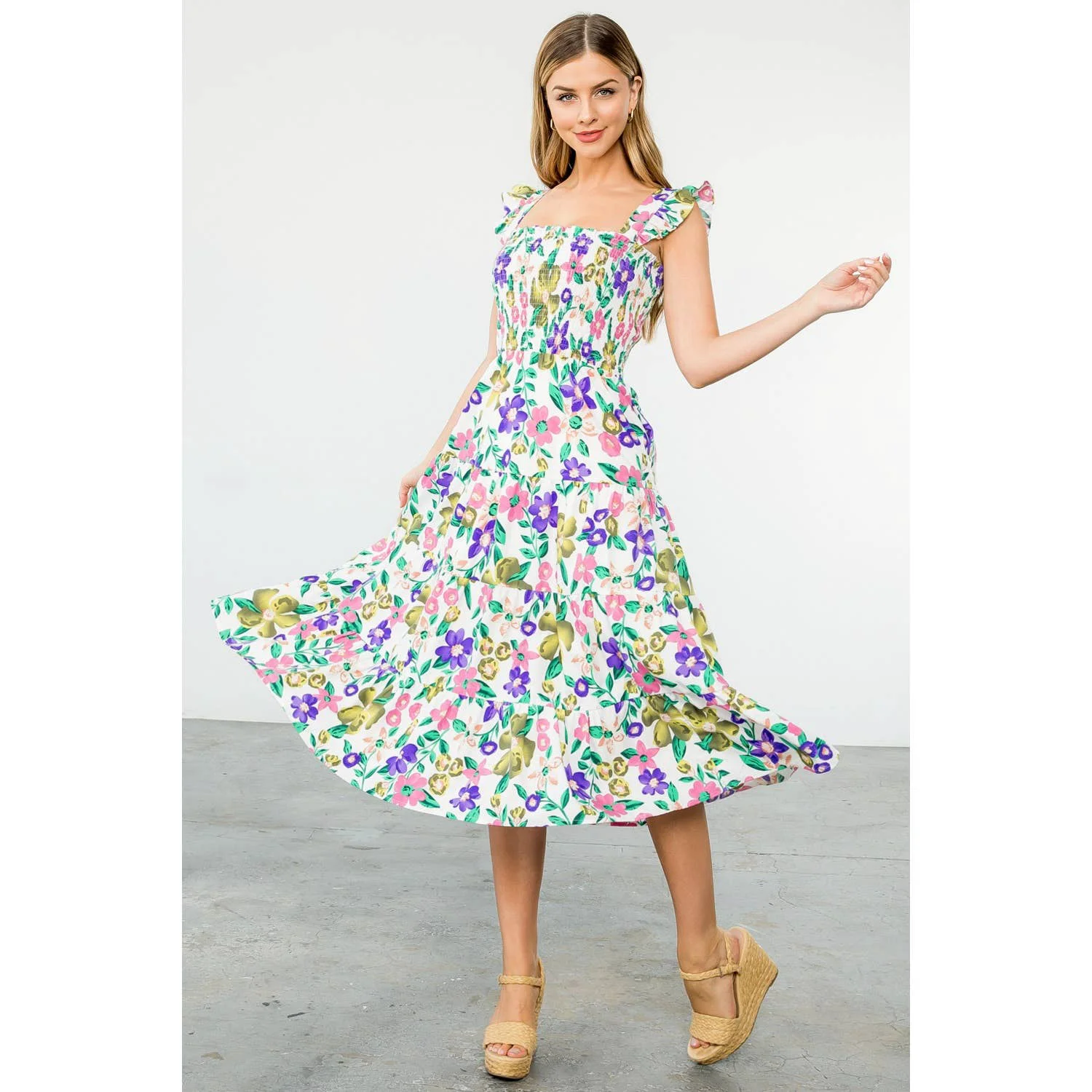 Fine Crafted SUZY- Flower Smocked Midi Dress Versatile