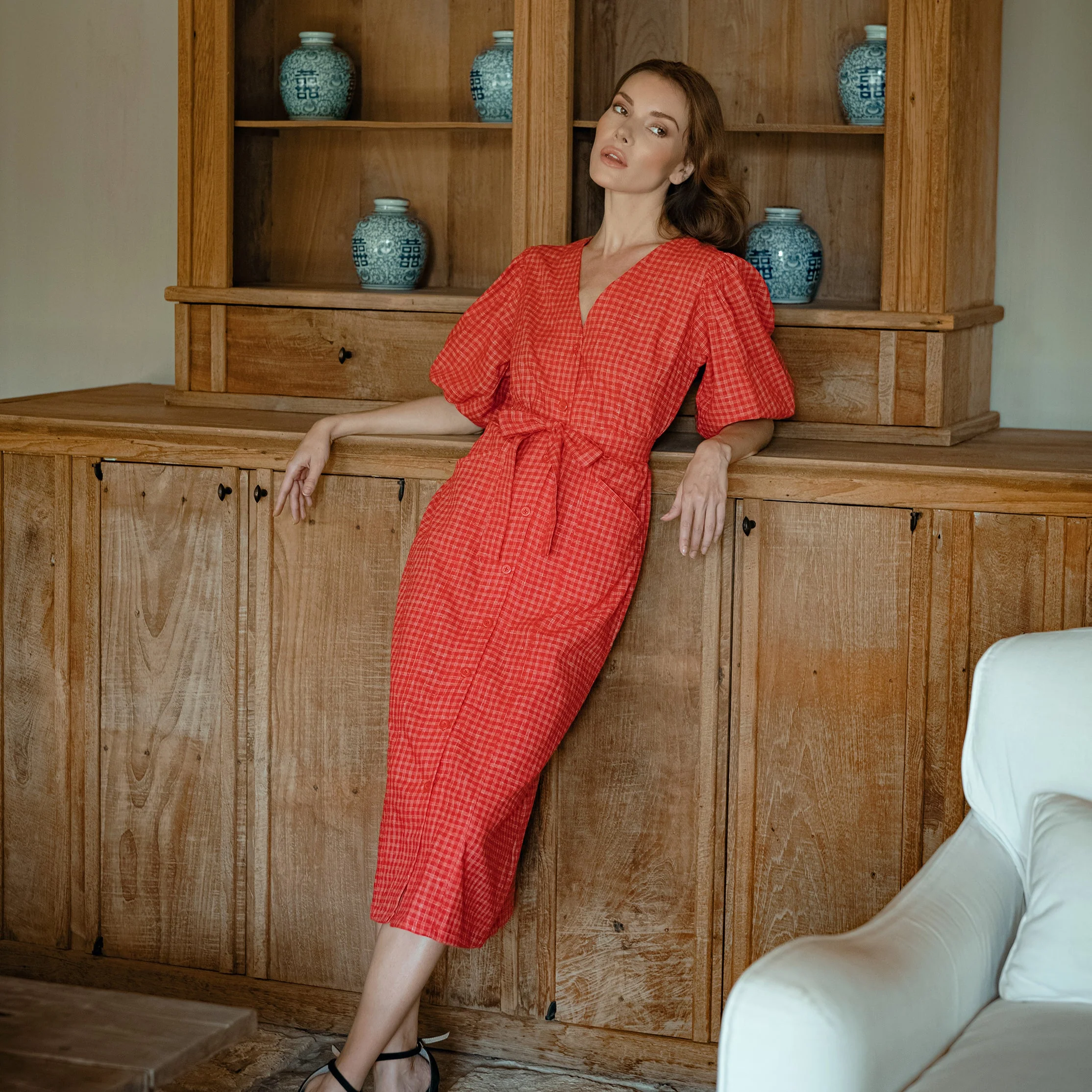 Professional MEGHAN Gingham Hemp Midi Dress In Scarlet Red Modern