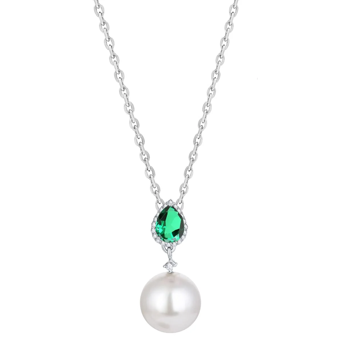 Versatile V3 Jewelry 925 Sterling Silver 20.70 Carat Shell Pearl Green Emerald and Natural White Topaz Drop Pendant with 18 Chain Certified
