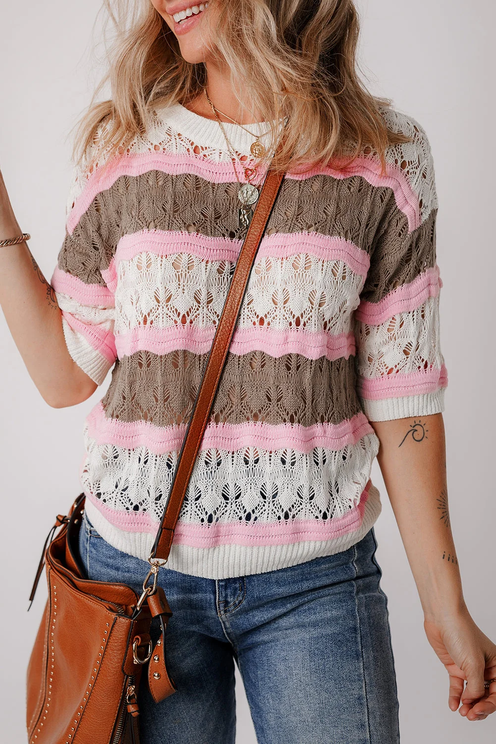 Convenient Threaded Pear Leilani Crochet Half Sleeve Sweater Excellent