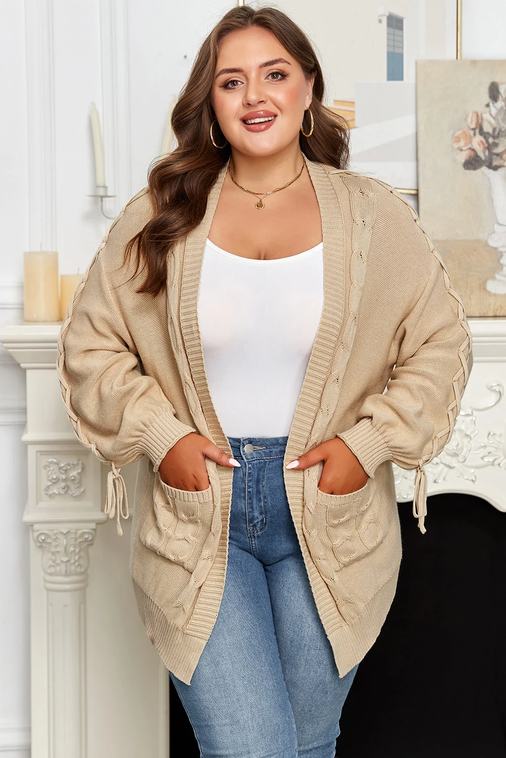 Fine Crafted Threaded Pear Leilany Tie Sleeve Open PLUS Cardigan Fast