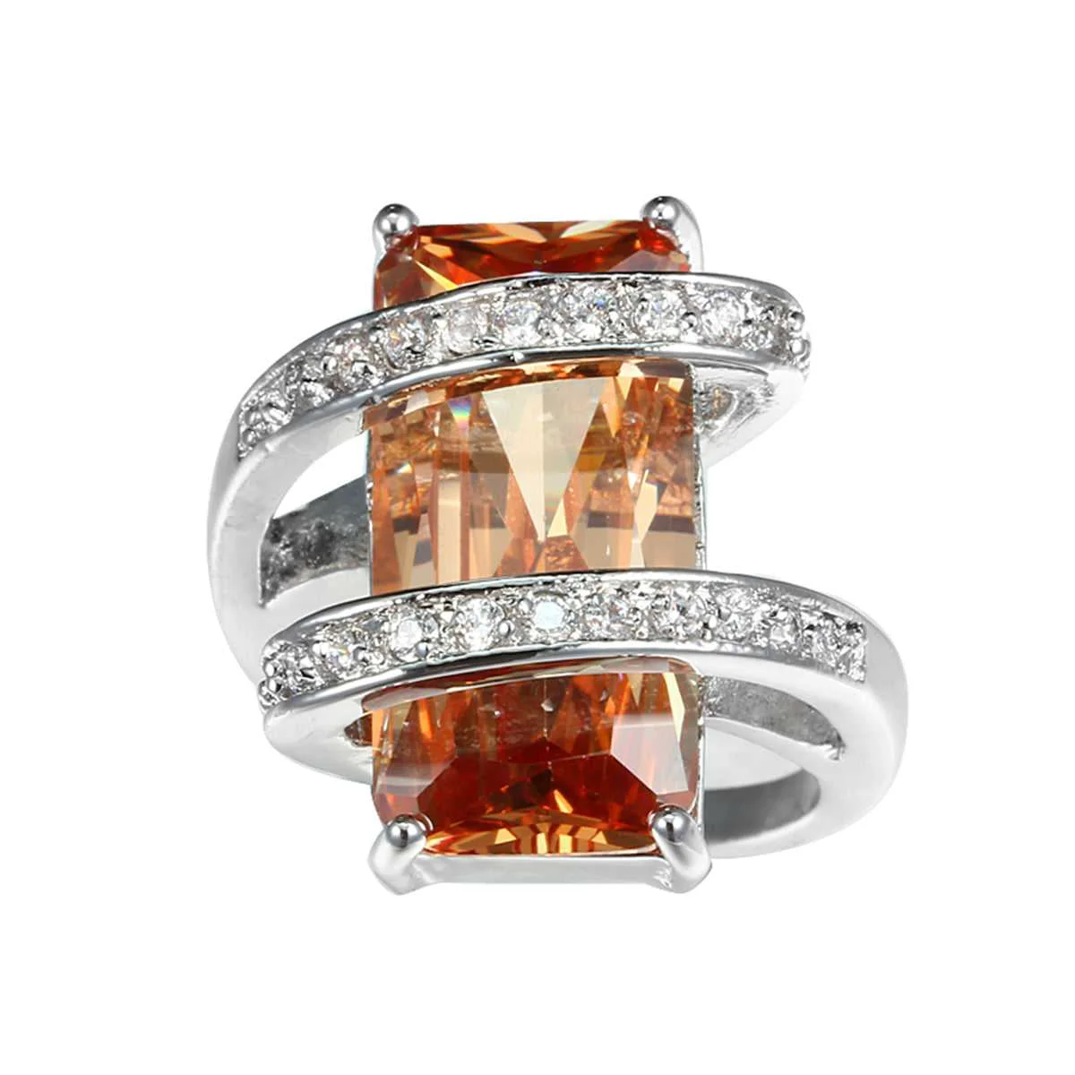 Expertly Made Champagne Crystal Cubic Zirconia Pavé Wrap Emerald-Cut Ring Professional