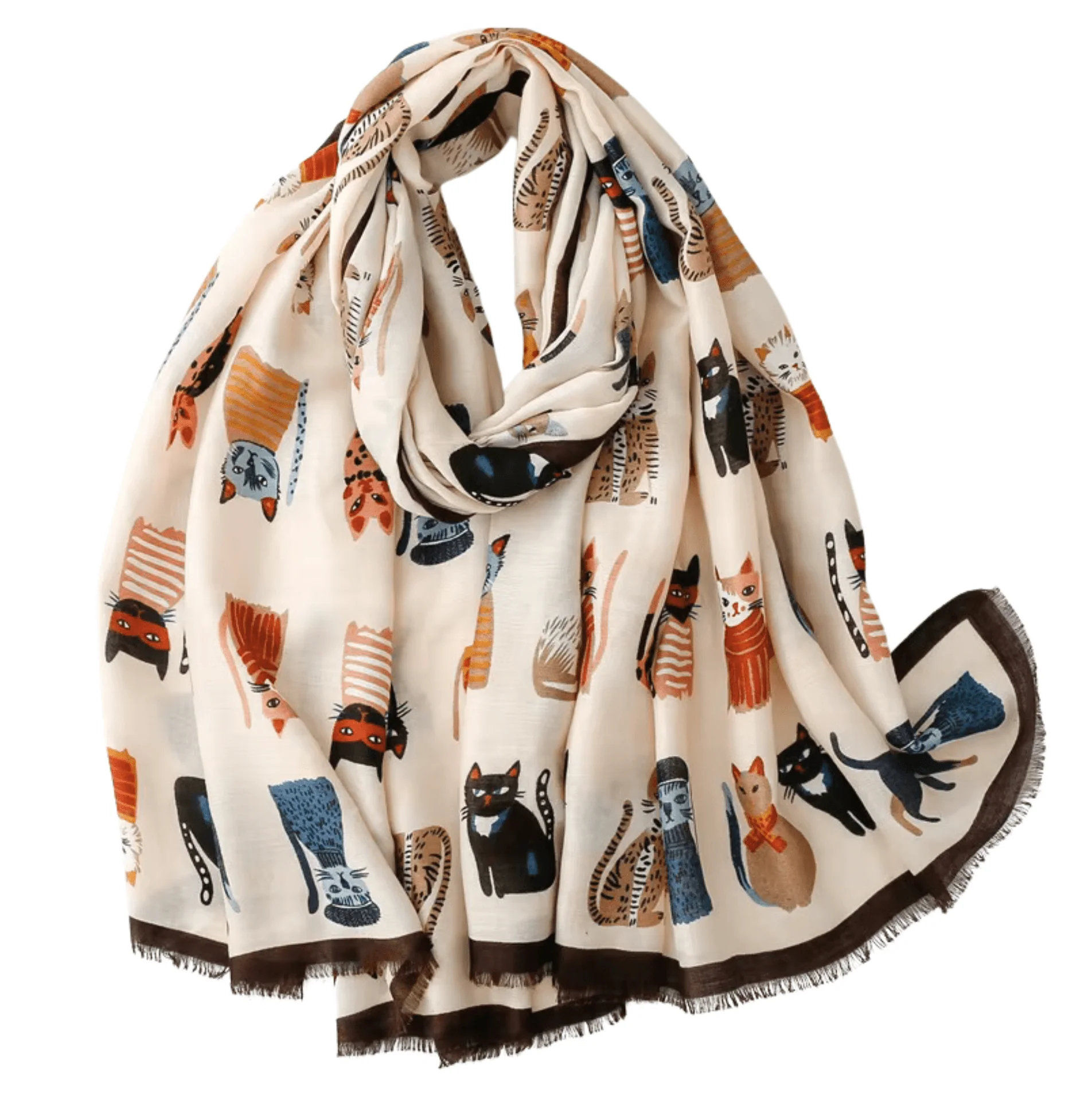 Solid Whimsical Scarf with Adorable Cat Motif in Earthy and Neutral Tones Effective