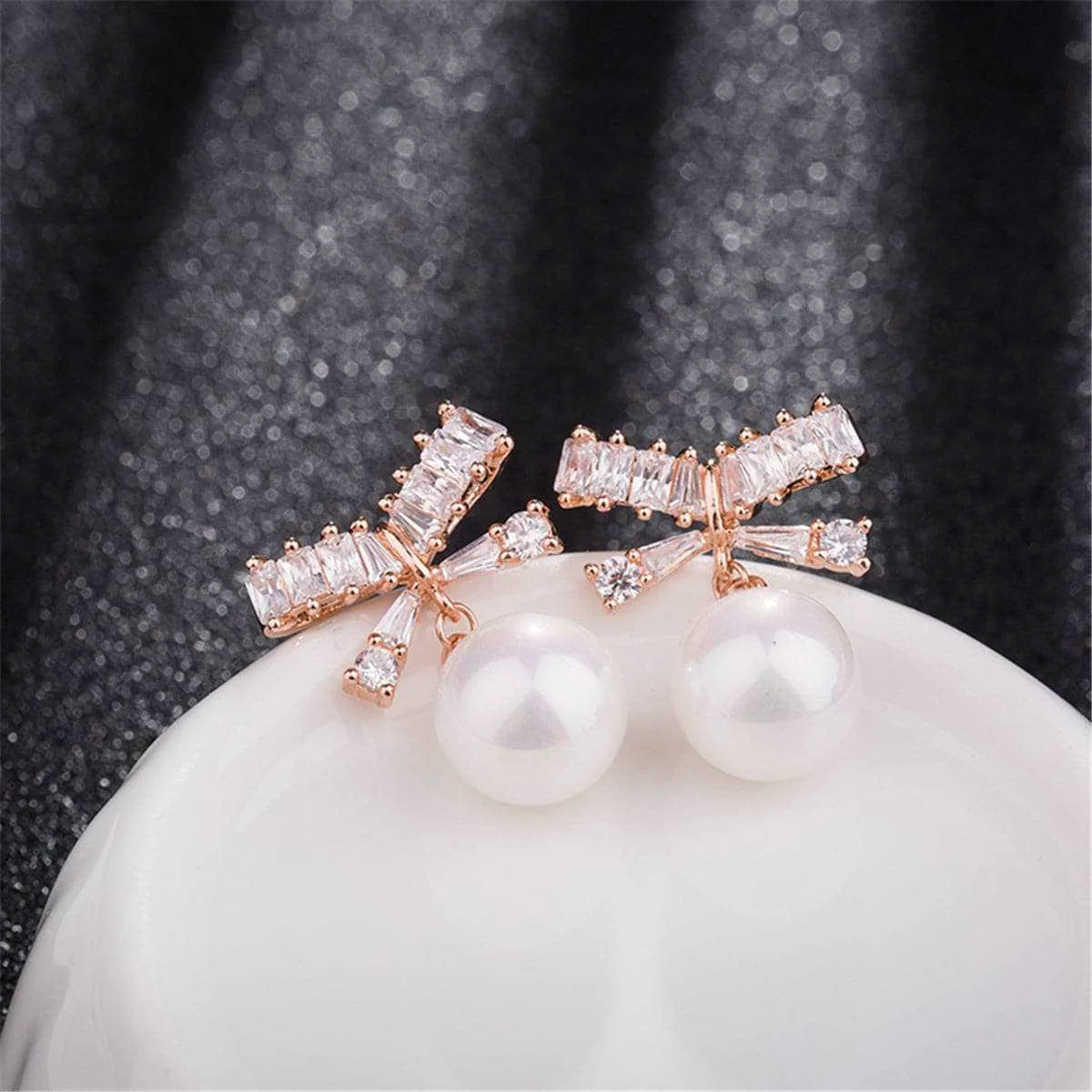 Trusted Cubic Zirconia Pearl Rose Goldtone Bow Drop Earrings Fine Crafted