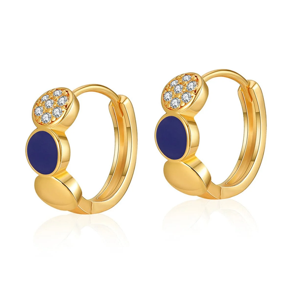 Classic Cubic Zirconia Navy Enamel Goldtone Round Huggie Earrings Modern