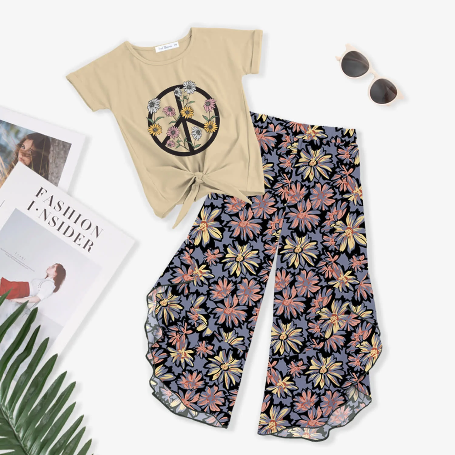 World-Class Cream Floral Peace Knot-Front Top Floral Print Wide-Leg Pants Next-Generation