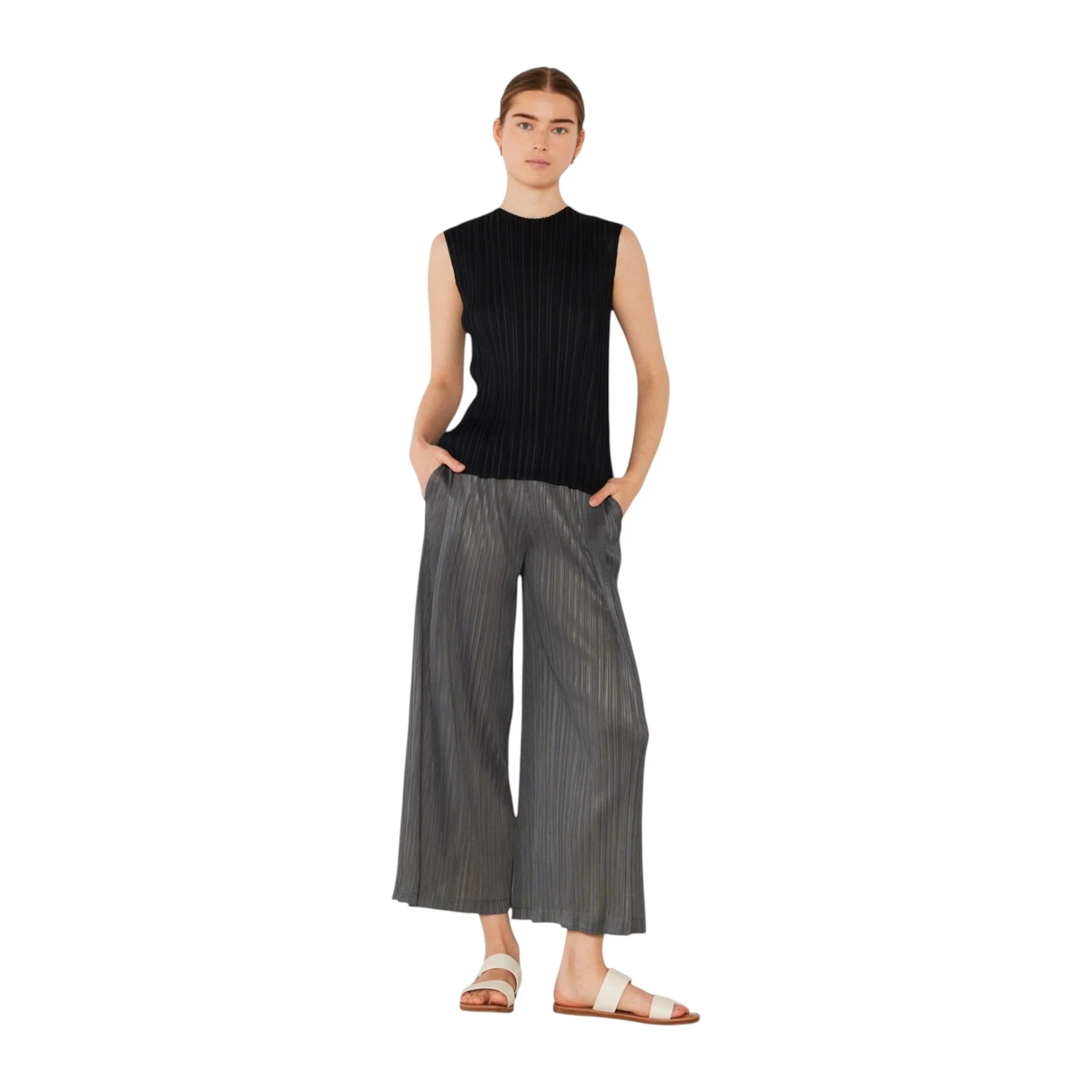 Enhanced Marina West Pleated Wide-Leg Cropped Pants with Side Pleat P03WP - Dark Gray Relaxed
