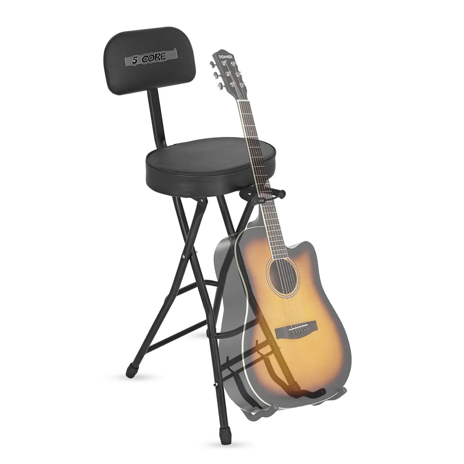 Versatile 5 Core Guitar Stool Adjustable Backrest Piano Chair 3.15 Padded Seat Music Stand - Black Certified